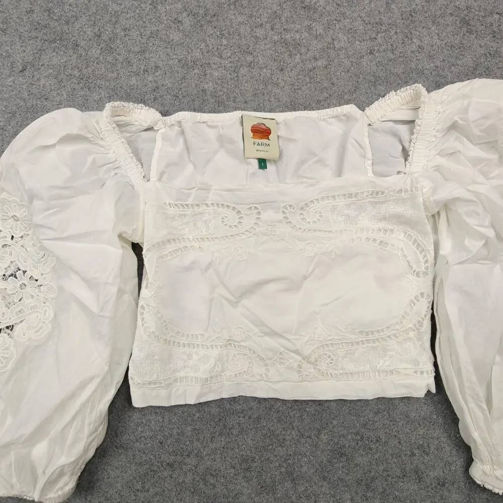 Farm Rio Blouse Womens Large White Cropped Square Neck Embroidered Crochet